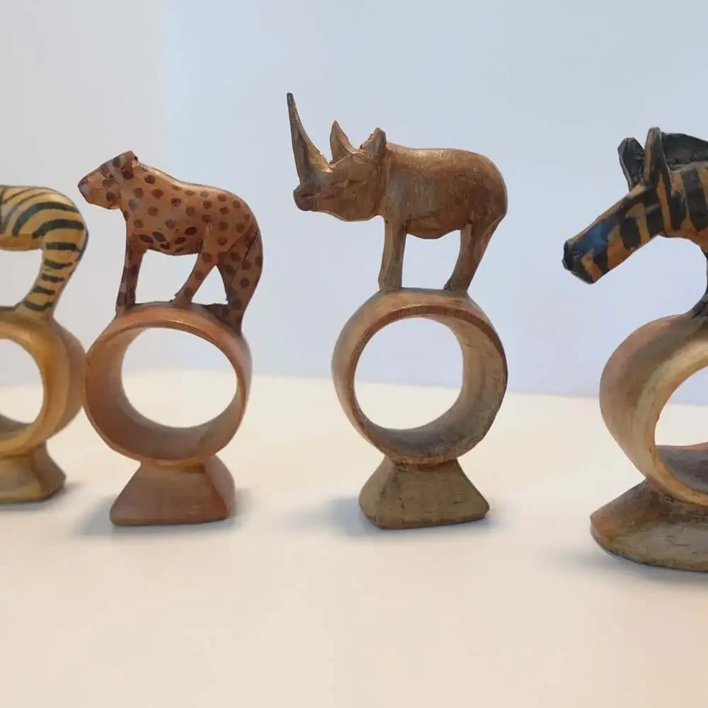 Vintage Hand Carved African Safari Animal Wooden Napkin Rings Set of 6